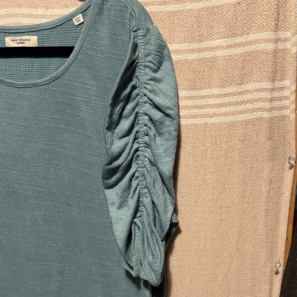 Max Studio Teal Blouse with Ruched Sleeves - Picture 3 of 5